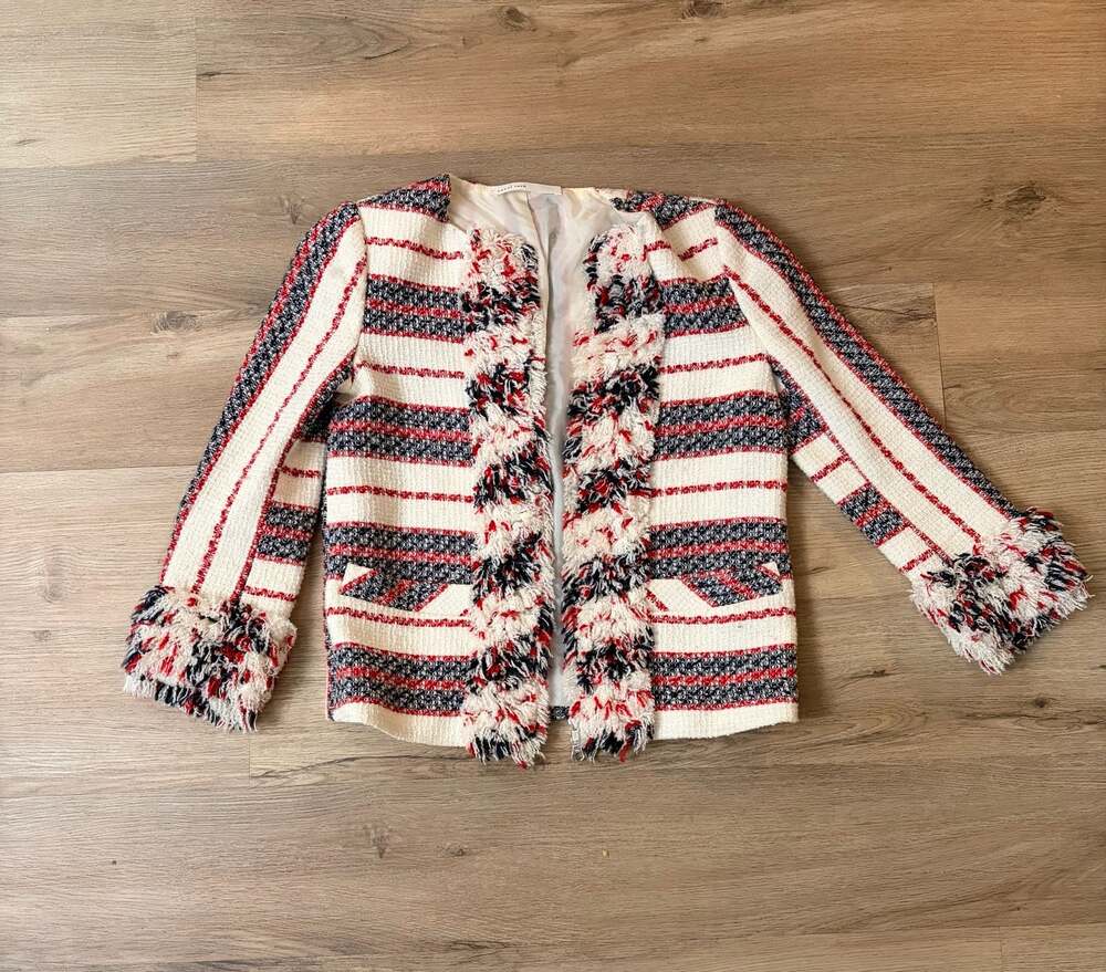 Sacai Luck Striped Tweed Fringe Detail Zip-Up Jacket size 1